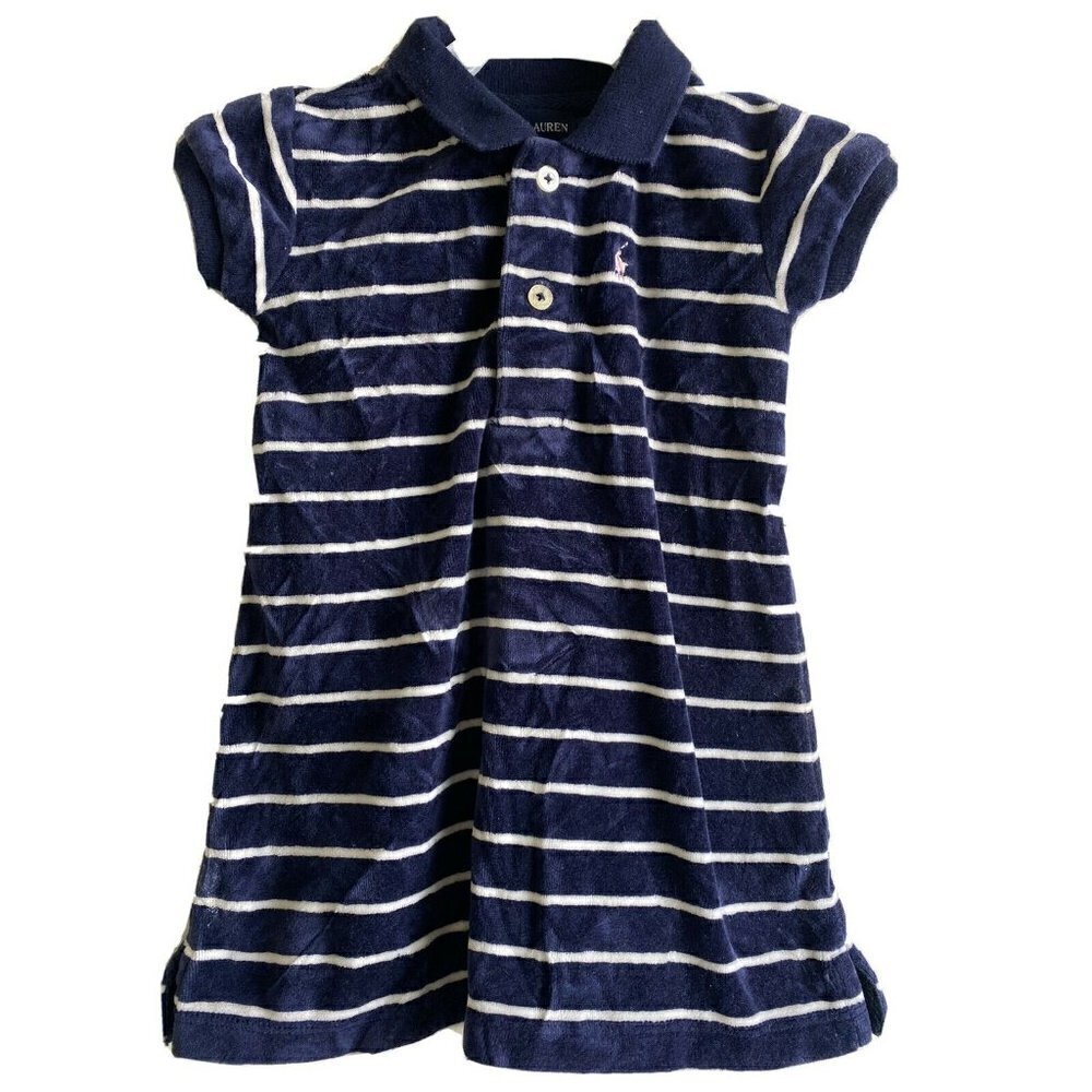 Ralph‎ Lauren 12 Month Baby Girl Navy Blue Velour Striped Short Sleeve Dress - Picture 1 of 6